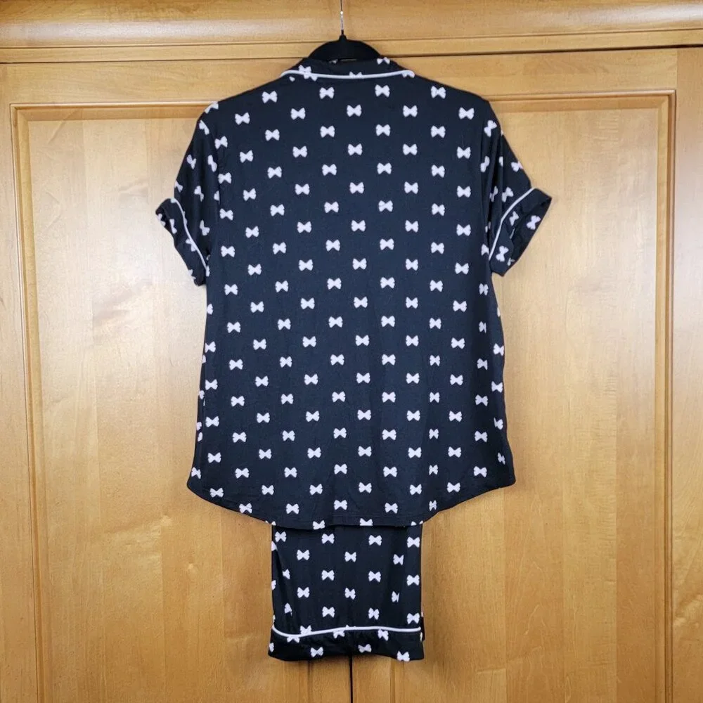 Women's Soft 2 Pc Kate Spade Pajama Set Black Pale Pink Bows - M - Picture 3 of 13